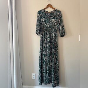 Indigo Rose Green and Pink Paisley Print Maxi Dress Smock Waist Size Small